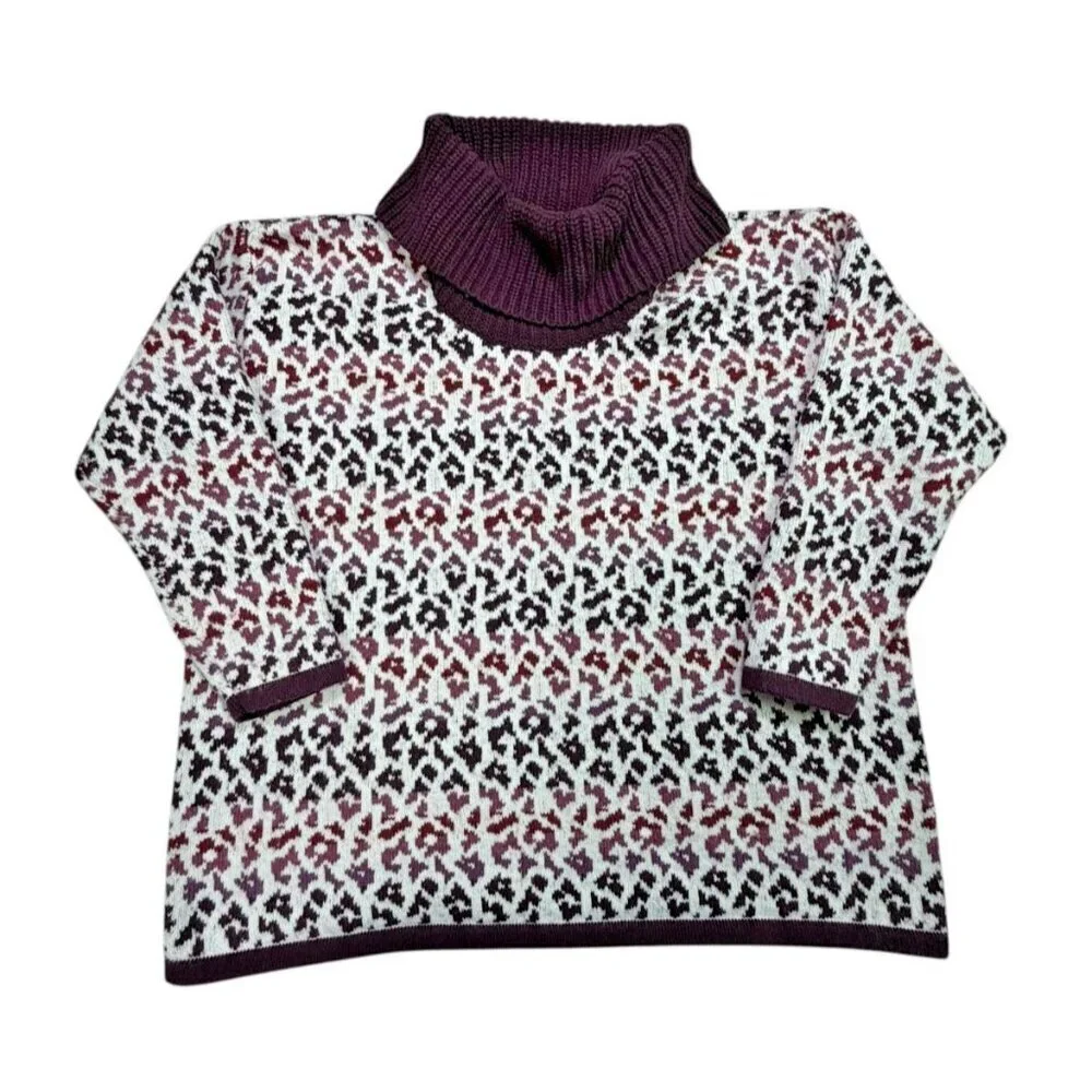 Lands’ End Lofty Cozy Cowlneck Leopard Sweater Plus 2X Burgundy Plum